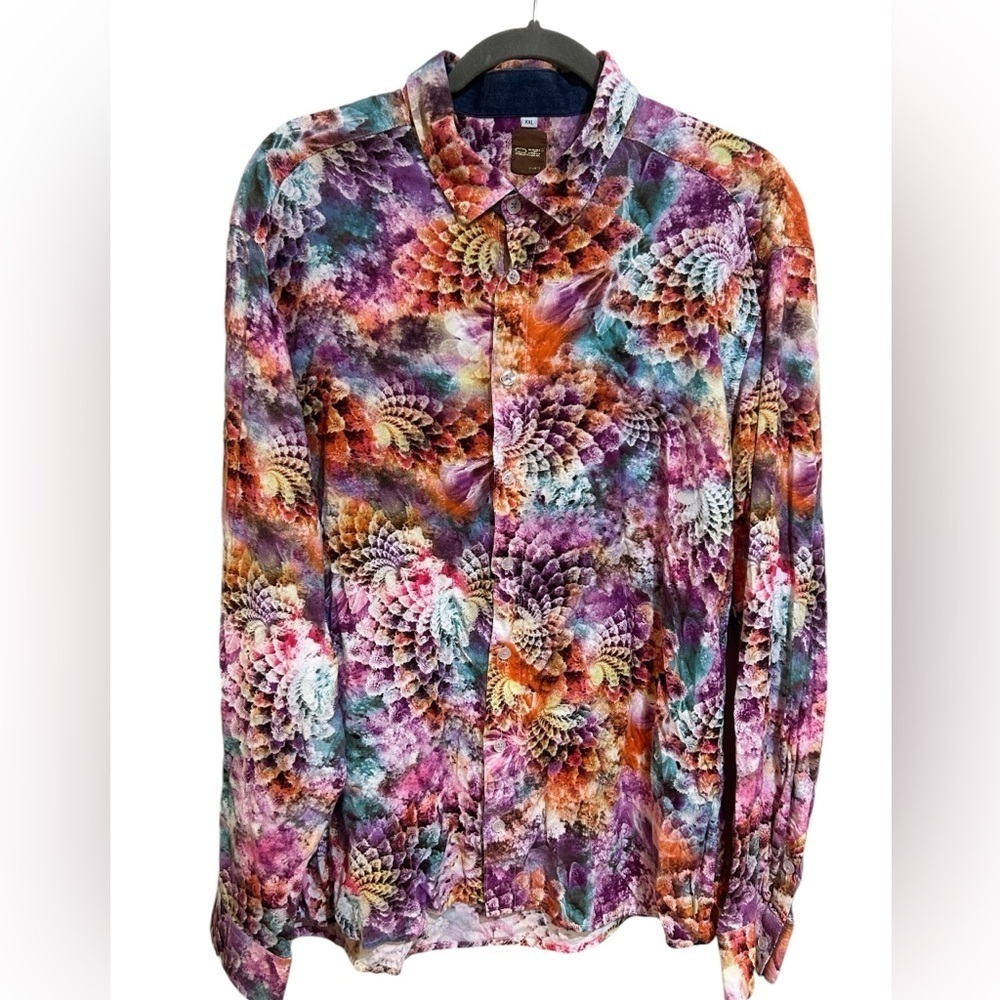 OZ Men’s XXL Button Down Shirt Psychedelic Abstract Print Long Sleeve Multicolor